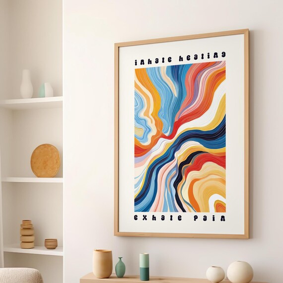 Inhale Healing Exhale Pain Joy Positivity Watercolor Abstract Wall Art Poster Or Canvas Print Calm Wellness Breathe Motivational Decor