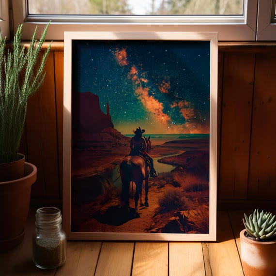Horse Riding Cowgirl Wall Art Poster Or Canvas Print Surreal Retro Western Vintage Starry Sky