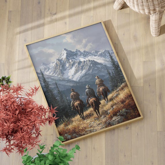 Three Cowboys On Horseback Rustic Wall Art Poster Or Canvas Print Vintage Western Mountain Landscape Cowboy Country Painting