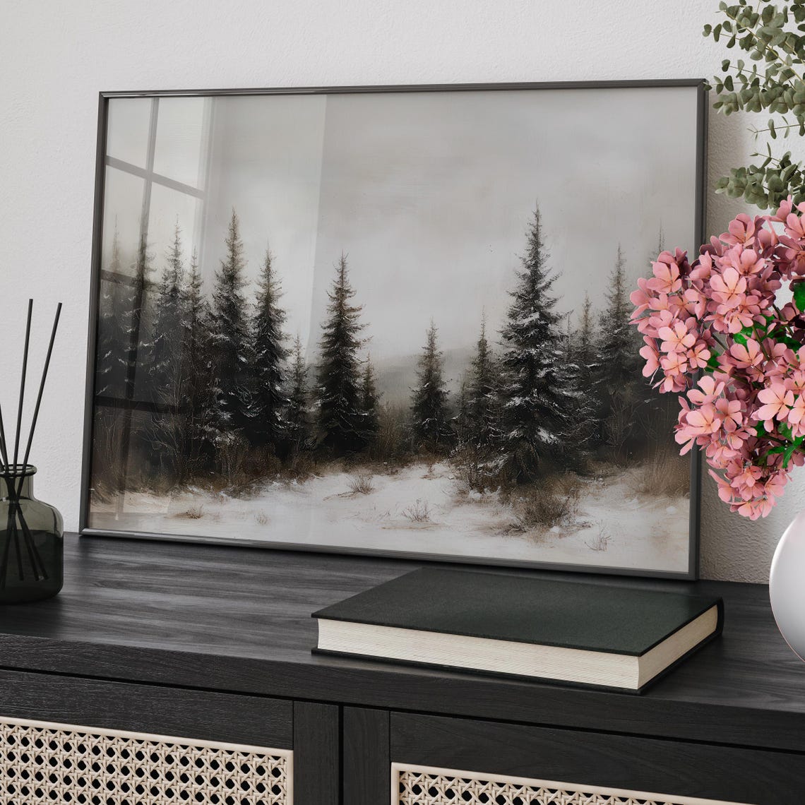 Misty Winter Forest With Snowy Pines Moody Winter Landscape Poster