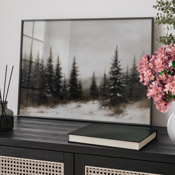 Winter Forest Oil Painting Rustic Landscape Poster Or Canvas Print Snowy Evergreen Vintage Country Art Moody Nature Pine Tree