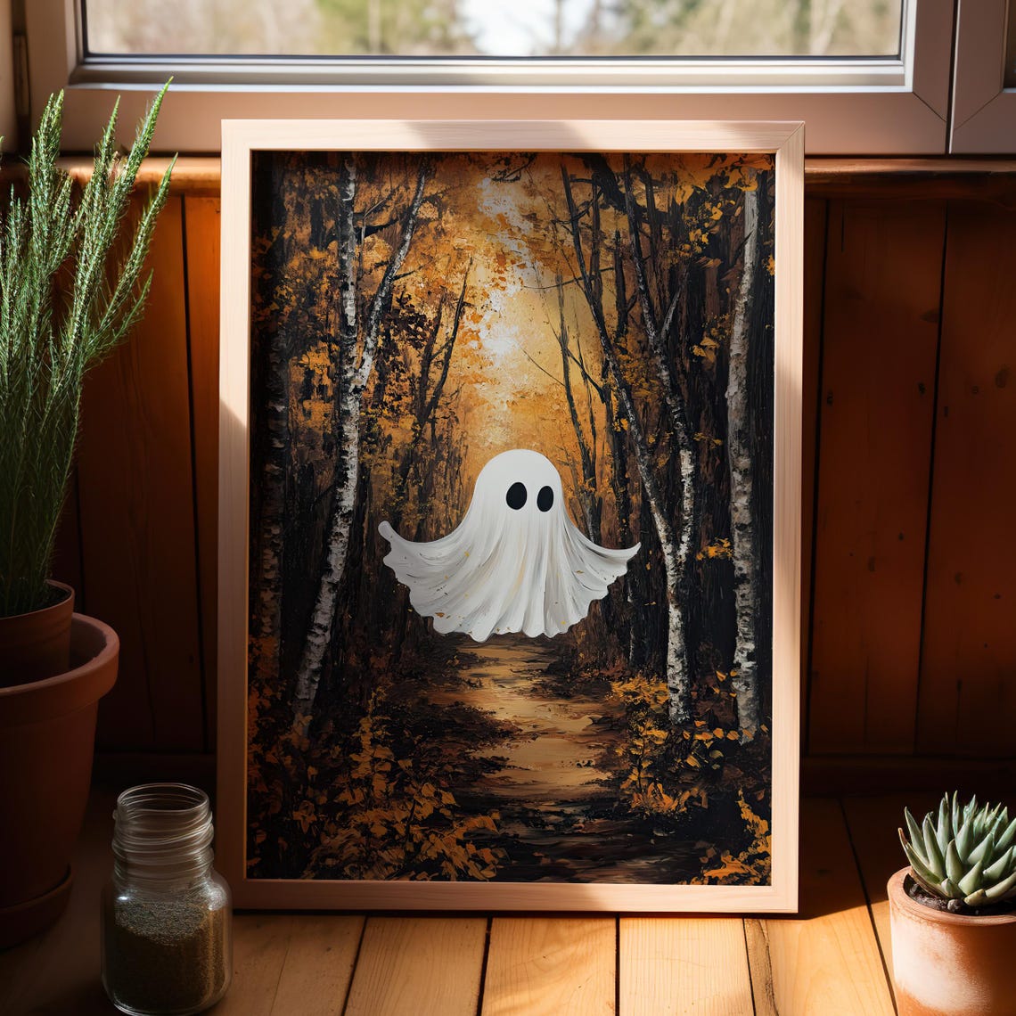 Cute Floating In The Forest Art Poster Or Canvas Print Autumn Season Whimsical Wall Spooky Sheet Halloween