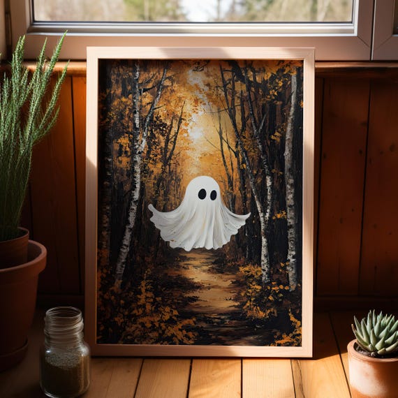 Cute Floating In The Forest Art Poster Or Canvas Print Autumn Season Whimsical Wall Spooky Sheet Halloween