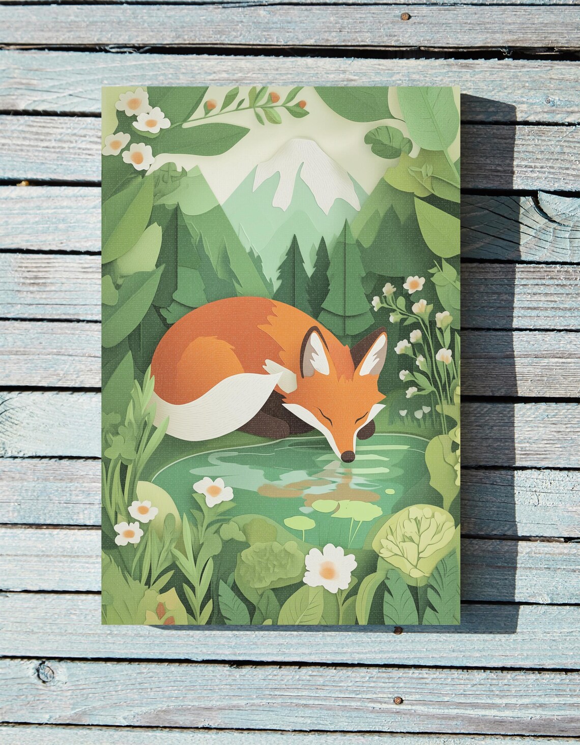 Whimsical Woodland Red Fox Drinking At Forest Pond Layered Paper Cut Art Poster - Image 2