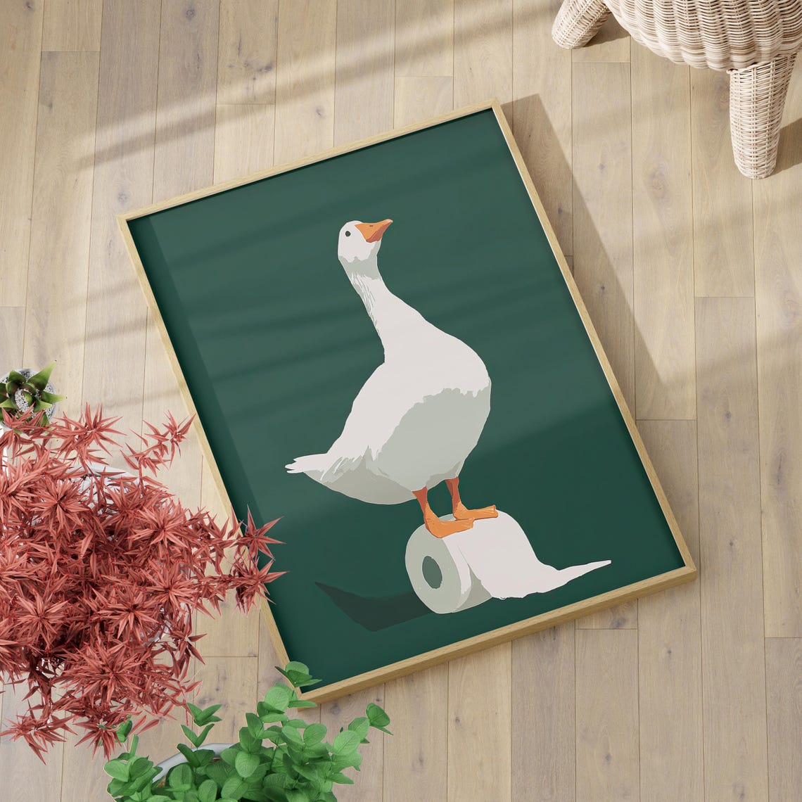 Silly Goose Standing on Toilet Paper Roll Funny Bathroom Poster