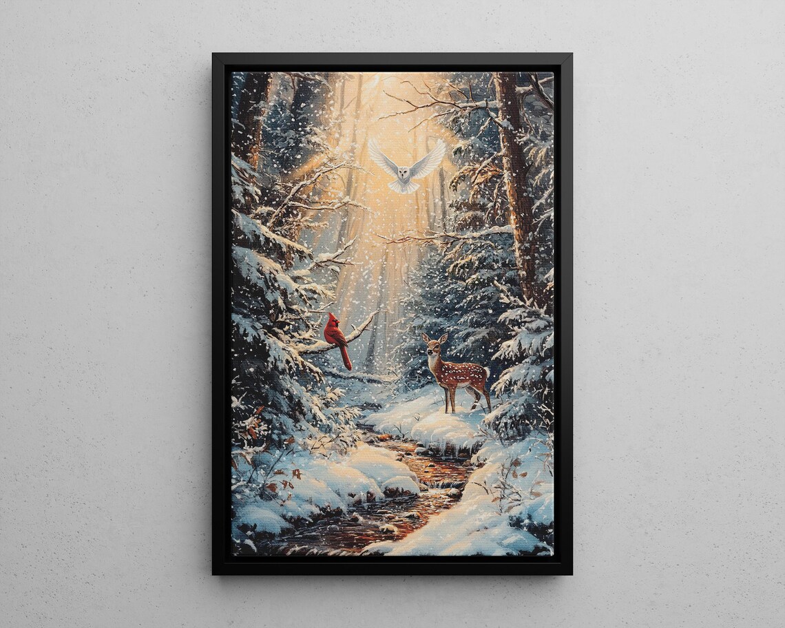 Snowy Winter Forest Cardinal Deer White Owl Christmas Wildlife Art Poster