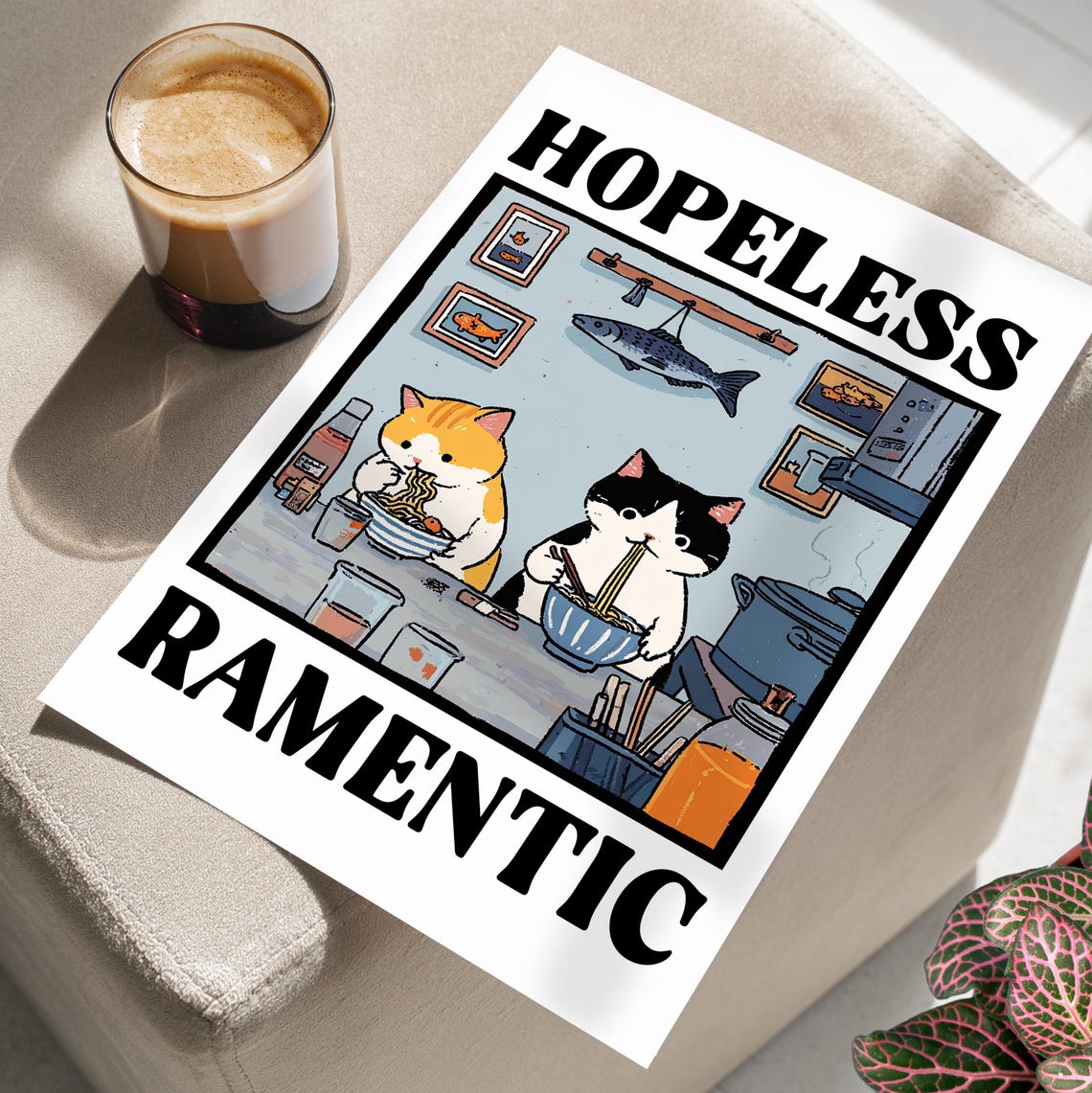 Hopeless Ramentic Cats Eating Ramen Funny Retro Kitchen Poster
