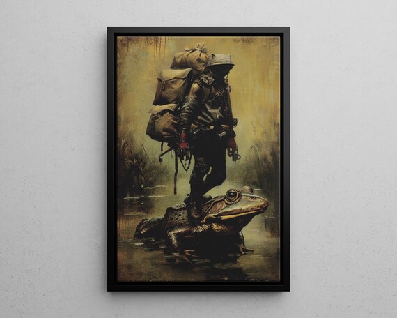 Man Riding a Giant Frog in Swamp Surreal Whimsical Adventure Poster