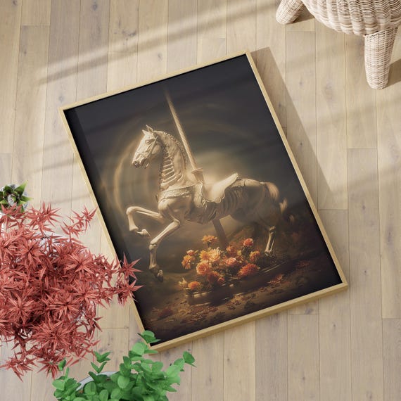 Swirling Skeleton Carousel Horse Wall Art Print Or Canvas Gothic Autumn Floral With Macabre Carnival Vibe Whimsical Halloween Poster