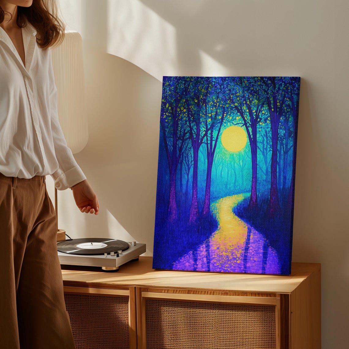 Moonlit Forest Path Glowing Moon Purple Blue Night Painting Print - Image 2