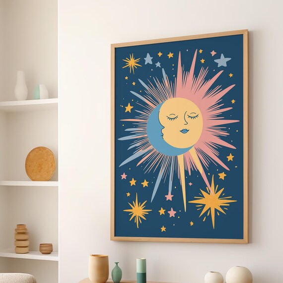Celestial Sun And Moon Boho Minimalist Art Poster Or Canvas Print Henri Matisse Inspired Cutout Kids Room Decor Starry Night