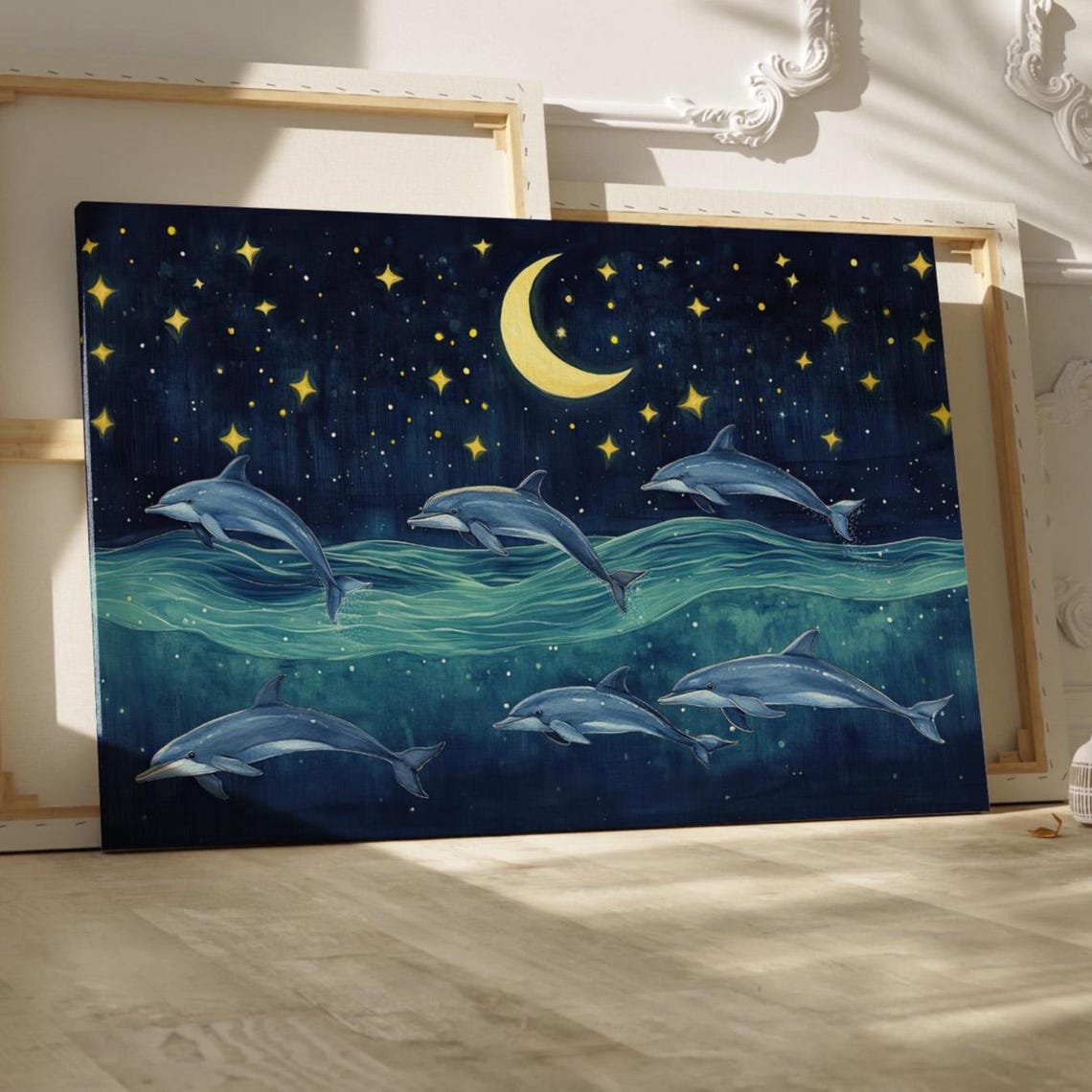 Whimsical Dolphins Under Crescent Moon Starry Night Ocean Poster