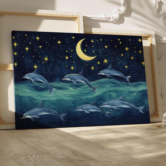 Whimsical Dolphin Pod Under The Moon Watercolor Painting Poster Or Canvas Print Starry Night Sky Art Crescent And Sea Life Home Decor