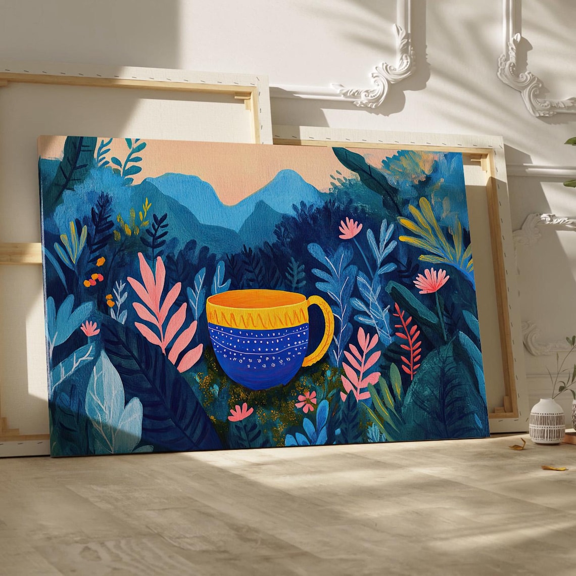 Whimsical Coffee Mug Lost in a Colorful Jungle Canvas Art Poster