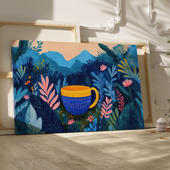 Whimsical Coffee Mug Lost in a Colorful Jungle Canvas Art Poster
