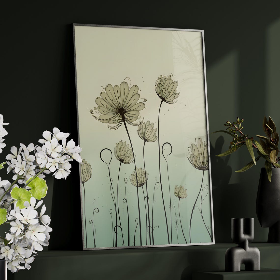 Sage Green Minimalist Wildflower Line Drawing Botanical Art Poster