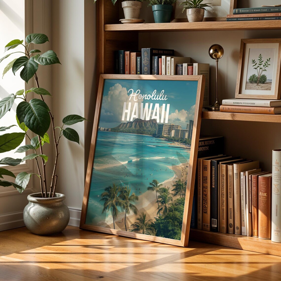 Honolulu Hawaii Waikiki Beach Diamond Head Palm Retro Travel Poster