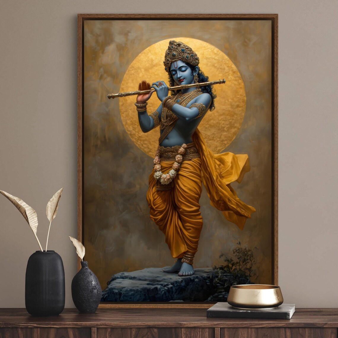 Lord Krishna With Flute Spiritual Poster, Yoga Decor