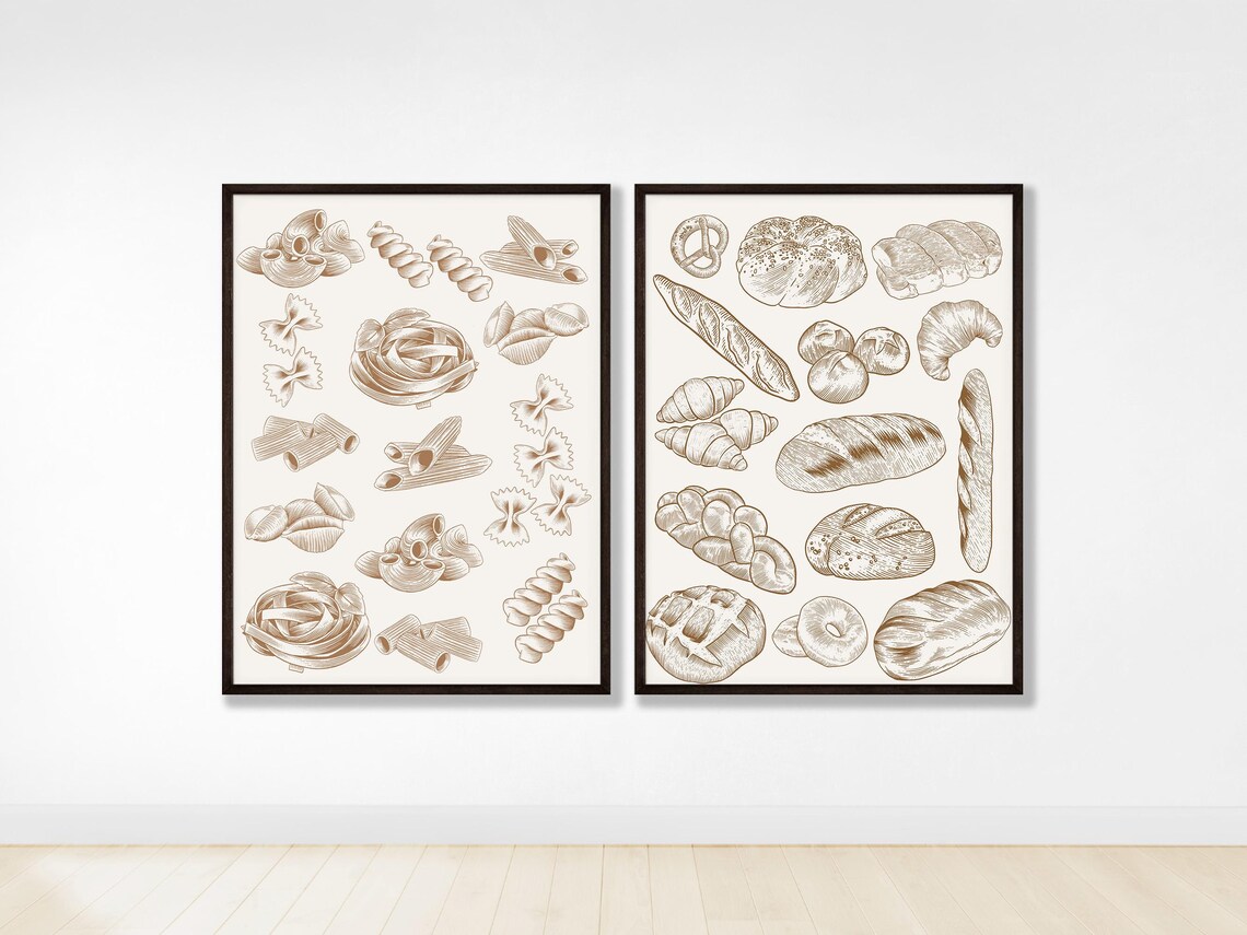 Vintage Italian Pasta and Bread Varieties Illustration Pair Kitchen Poster