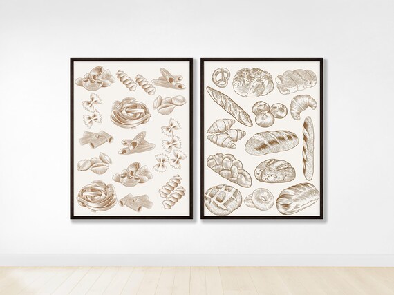Vintage Italian Pasta and Bread Varieties Illustration Pair Kitchen Poster
