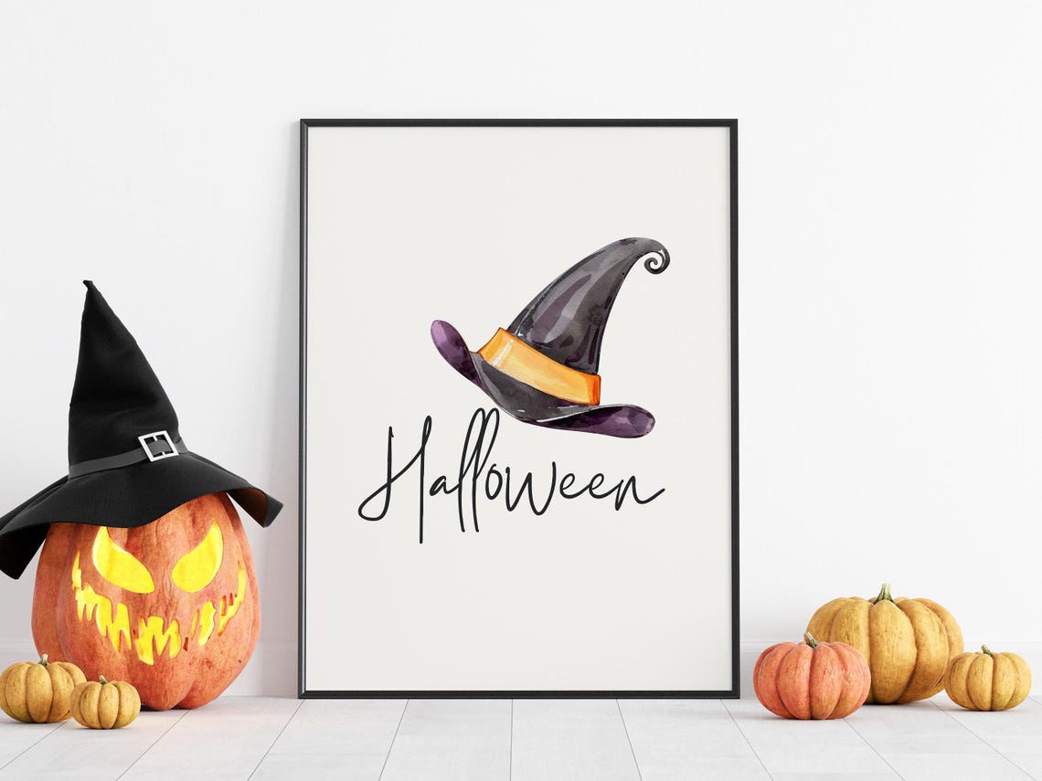 Purple Witch Hat Print Spooky Decor Watercolour Kids Halloween Poster Prints Witches Party