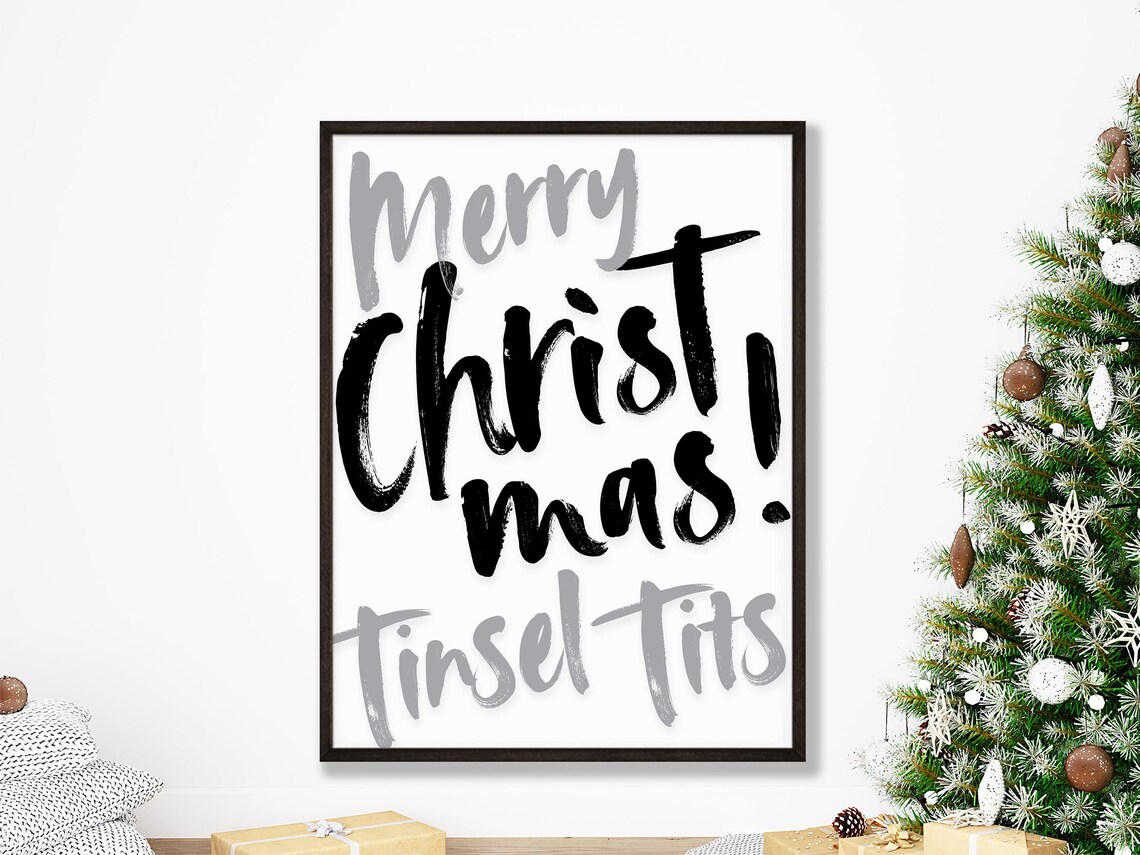 Funny Merry Christmas Tinsel Tits Cheeky Holiday Quote Poster