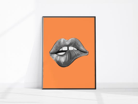 Retro Lips Print Pop Art Poster Orange Wall Funky Decor Black And White Fashion