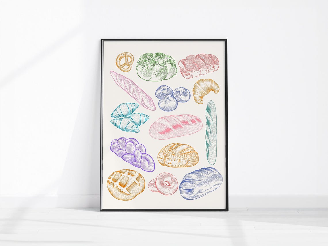 Hand Drawn Bread Illustrations Bakery Kitchen Boho Retro Wall Poster