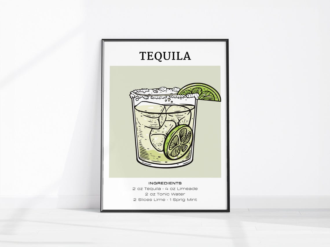 Tequila Cocktail Recipe Ingredients Lime Mint Bar Cart Decor Poster