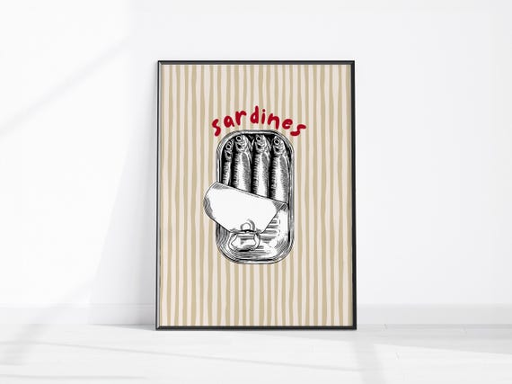 Sardines Art Print Retro Kitchen Decor Food Poster Fish Wall Canned Illustration Tinned Sardine Tin Stripe