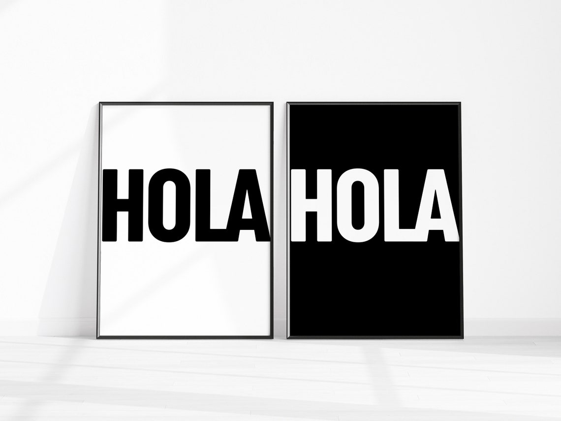Hola Hello Set of 2 Black and White Typography Entryway Wall Art