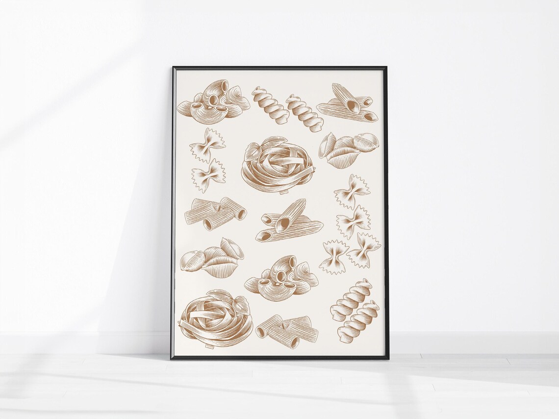 Hand Drawn Pasta Italian Food Illustration Penne Fusilli Kitchen Poster