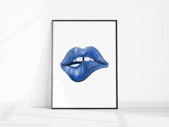 Lips Wall Art Print Trendy Blue Poster Electric Decor Retro Bedroom Fashion Funky