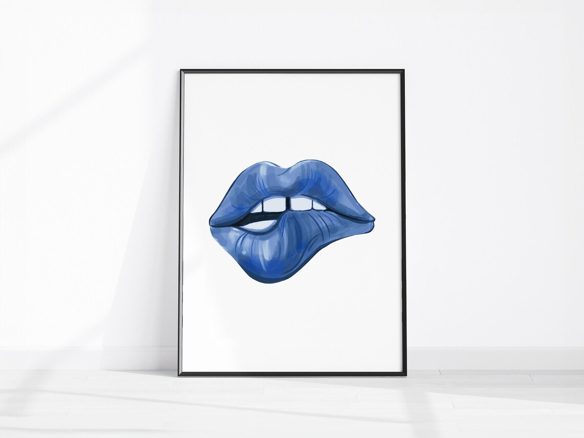 Electric Blue Biting Lips Illustrated Trendy Pop Fashion Poster