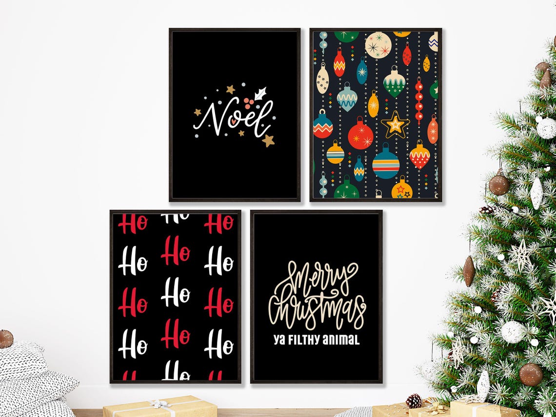 Set of 4 Funny Christmas Noel Ornaments Holiday Print Bundle