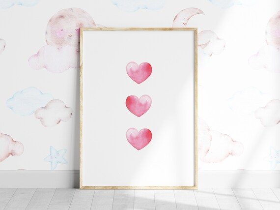 Pink Watercolor Hearts Nursery Kids Room Love Wall Decor Poster