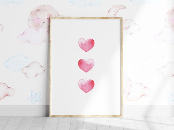 Watercolour Hearts Print Wall Art Pink Nursery Dcor Love Heart Poster Bedroom Gift Instant Kids Room