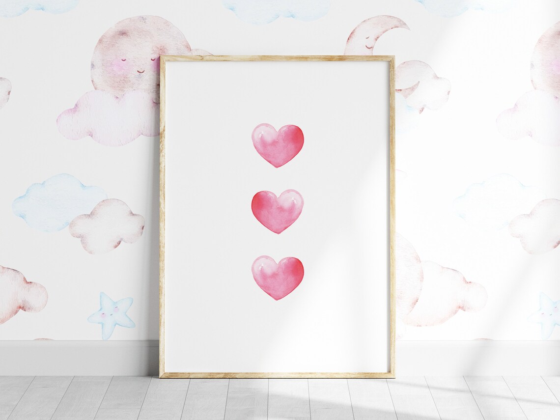 Pink Watercolor Hearts Nursery Kids Room Love Wall Decor Poster