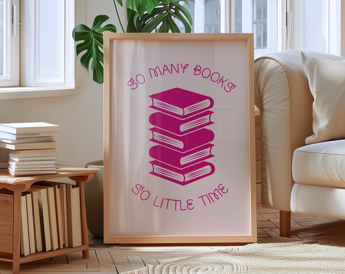 So Many Books So Little Time Cream And Pink Book Stack Wall Art