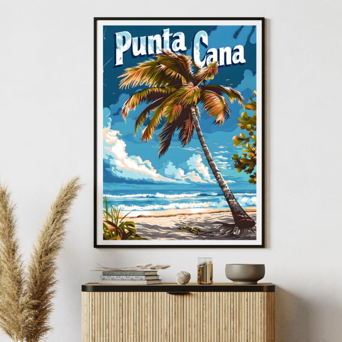 Punta Cana Vintage Travel Poster Palm Tree Beach Tropical Scene