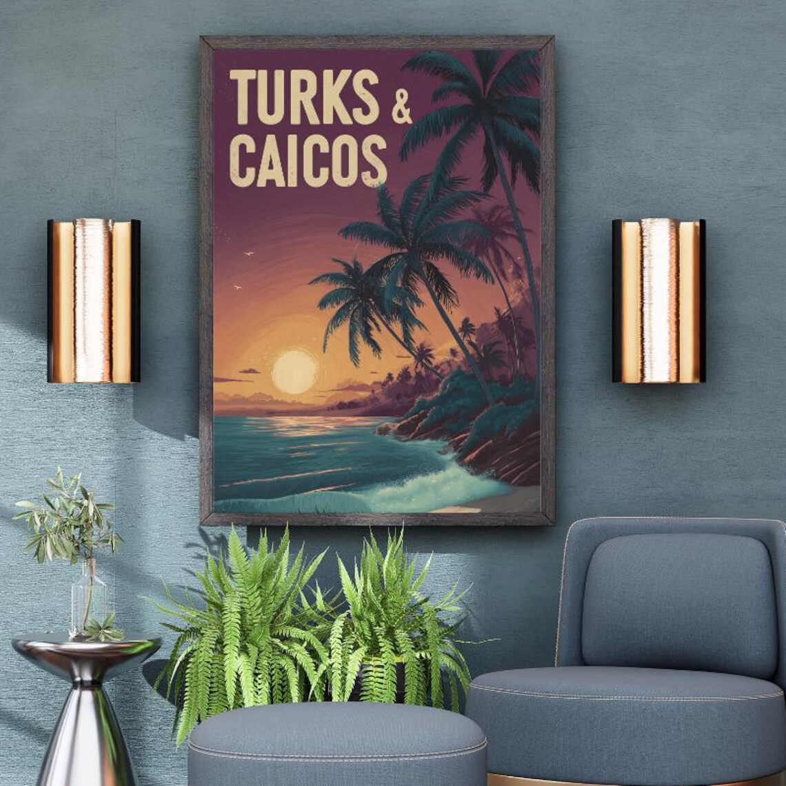 Turks & Caicos Sunset Beach Palm Trees Vintage Travel Poster