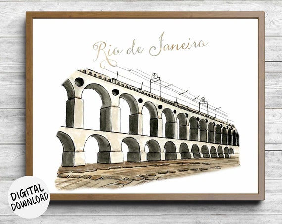 Rio De Janeiro Brazil Wall Decor Carioca Aqueduct Arcos Da Lapa Print Famous Landmark Watercolor Art