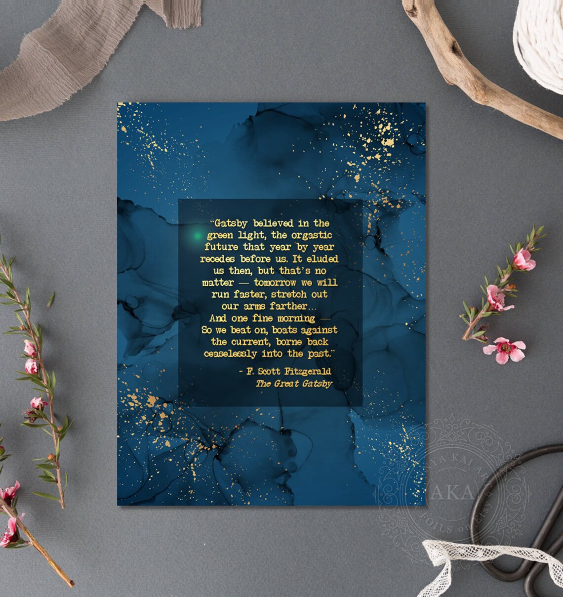 Green Light Great Gatsby Quote Teal Watercolor Literary Wall Art - Image 4