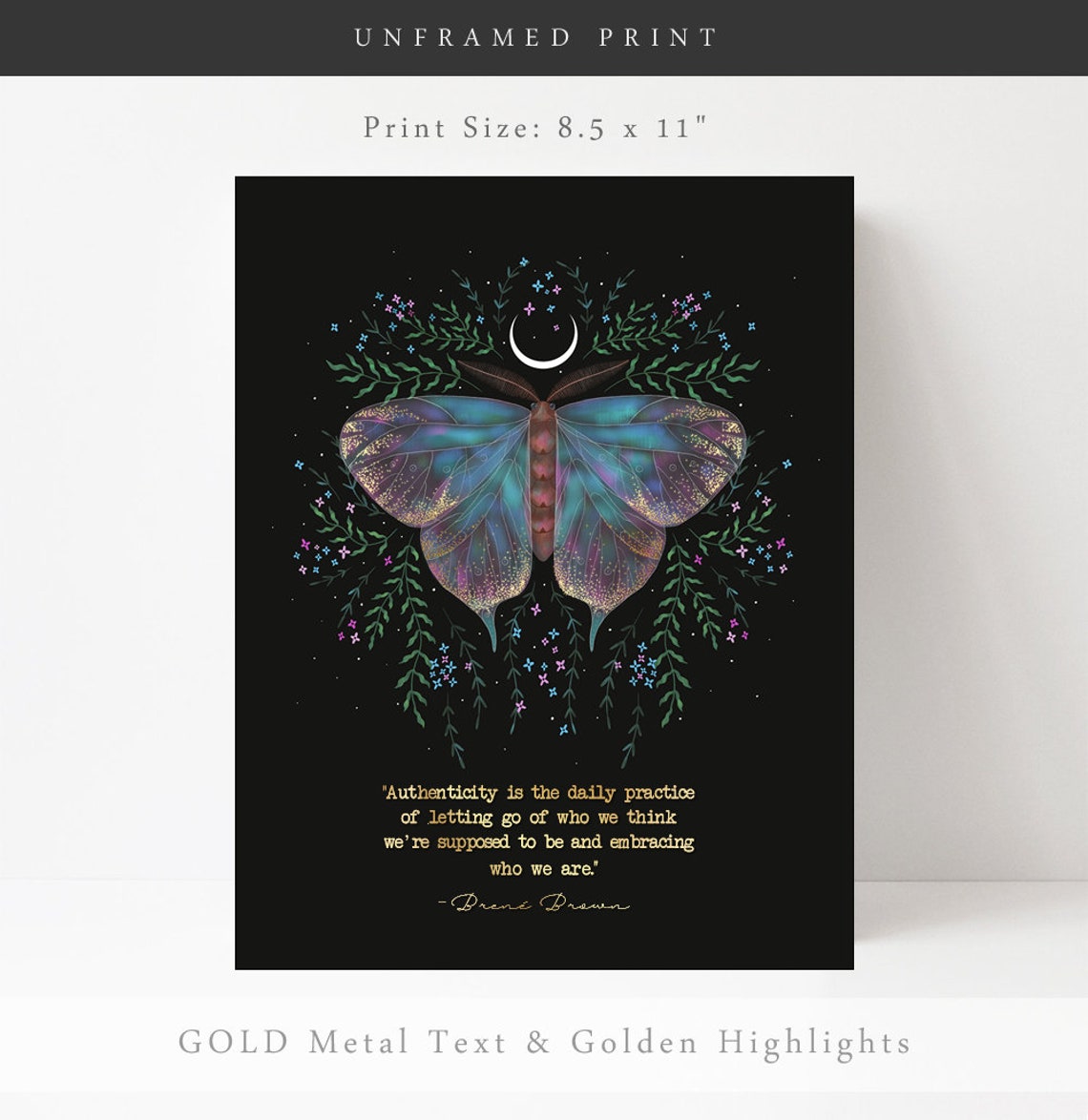 Authenticity Brene Brown Quote Iridescent Moth Moonlight Wall Art - Image 2
