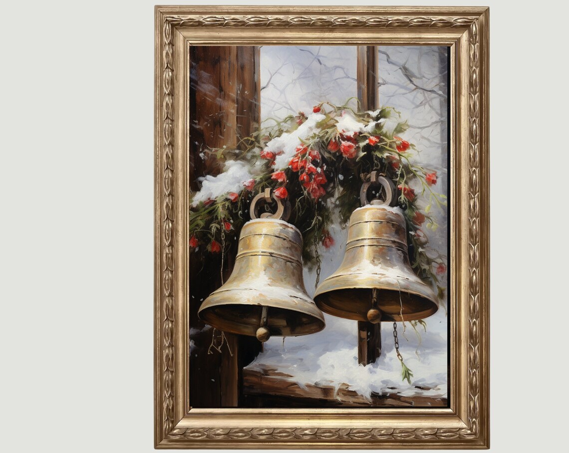 Brass Christmas Bells with Snow and Winterberries Painting Poster