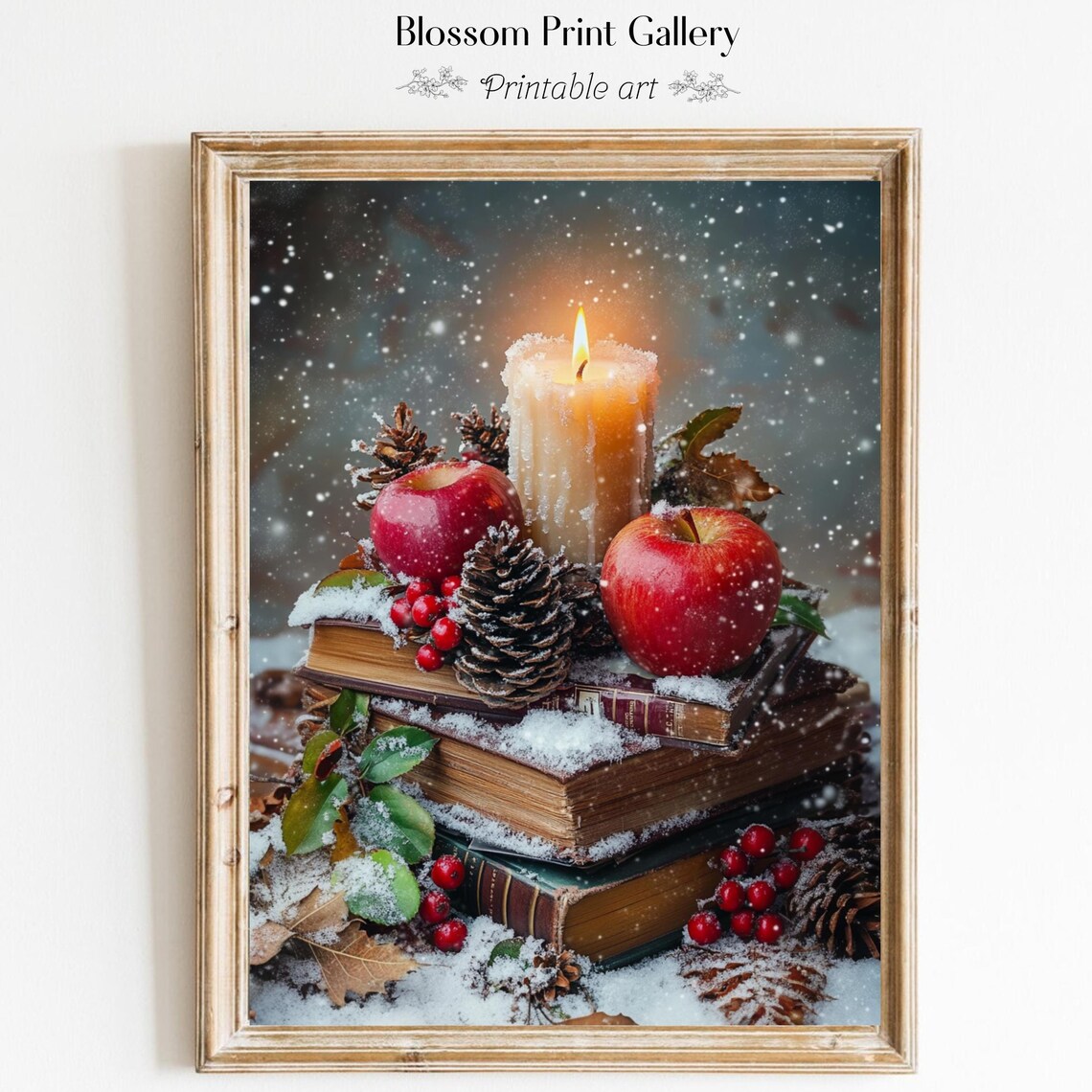 Cozy Christmas Books Apples And Candle Winter Still Life Poster