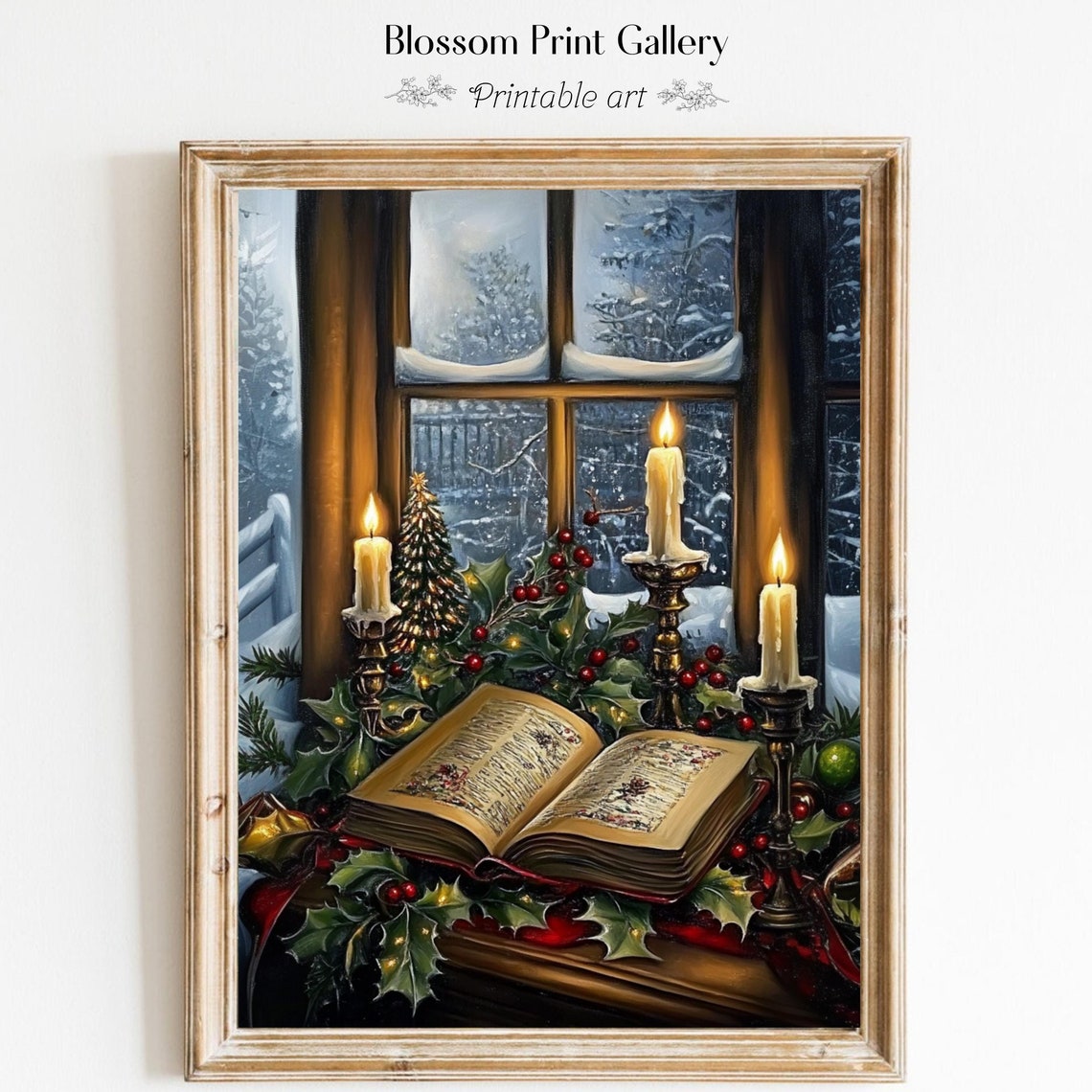 Vintage Christmas Wall Art Book Art Still Life Vintage Christmas Oil Painting Dark Academia Moody Decor Window Sill Painting 747