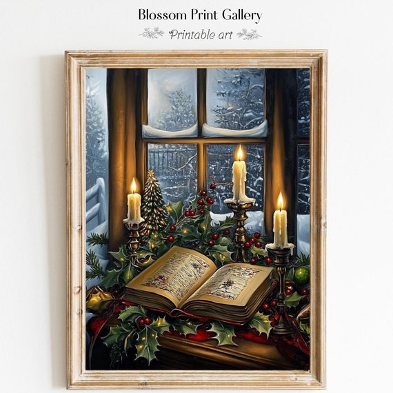 Vintage Christmas Wall Art Book Art Still Life Vintage Christmas Oil Painting Dark Academia Moody Decor Window Sill Painting 747