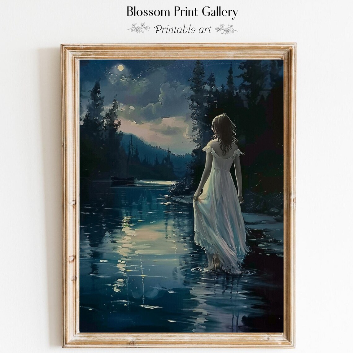 Moonlit Woman Wading Lake Midnight Water Landscape Art Poster