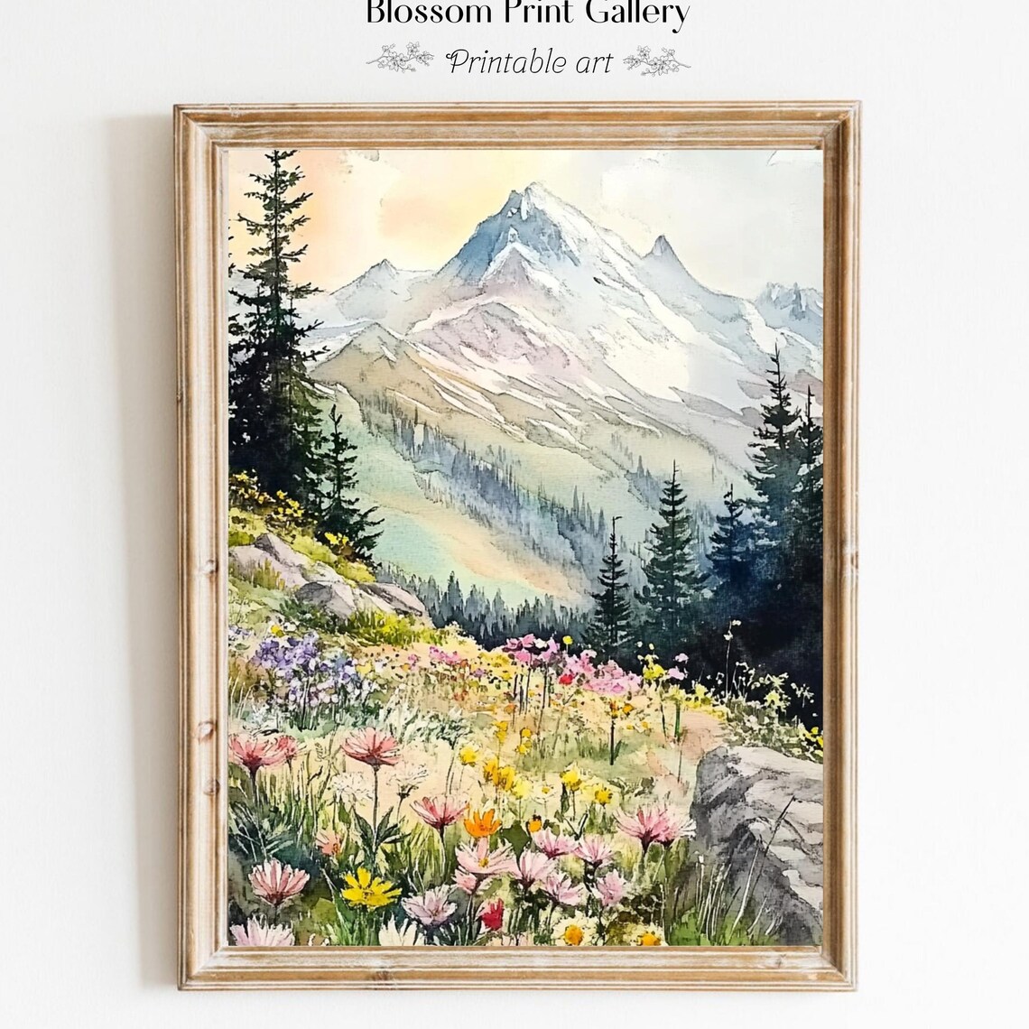 Wildflower Meadow Snowy Mountain Watercolor Landscape Poster